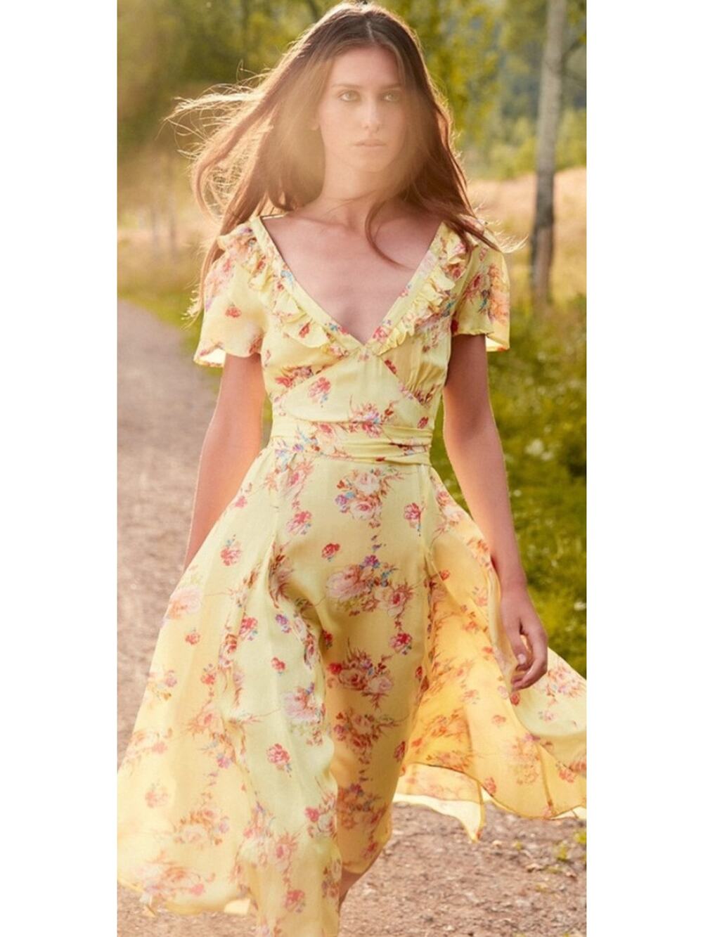 By TiMo Yellow Floral Wrap Style Midi Dress